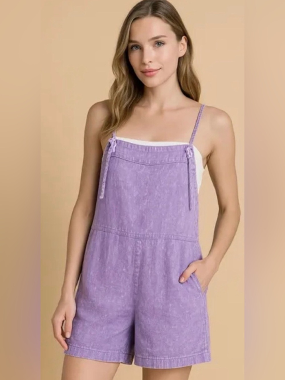 NWT Zenana Women’s Purple Lavender Washed Linen Knot Spaghetti Strap Romper - S